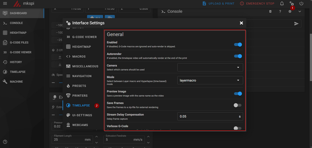 Panel de configuración de timelapse en Mainsail